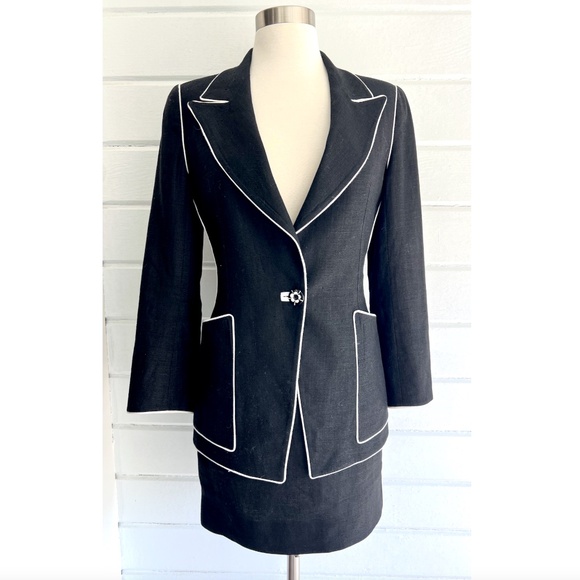Vintage EMANUEL UNGARO Linen Skirt Suit Black w/ White Trim - 4 (25" waist) - Picture 1 of 16